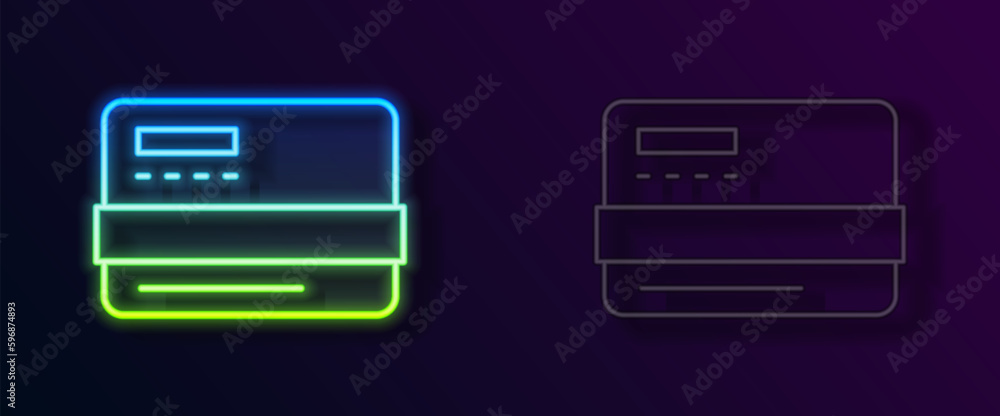 Glowing neon line Credit card icon isolated on black background. Online payment. Cash withdrawal. Financial operations. Shopping sign. Vector