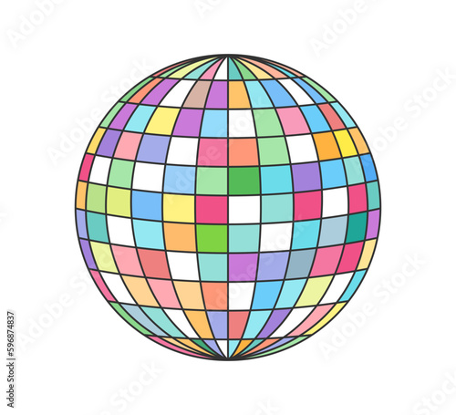 Retro groovy disco ball. Vintage hippie cartoon colorful mirrored discotheque sphere sticker. Hippy style trendy y2k funky vector isolated eps illustration