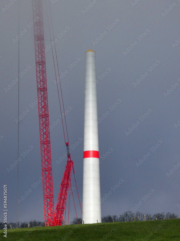 Construction of hybrid tower of wind turbine in fog Construction of hybrid tower of wind turbine in fog