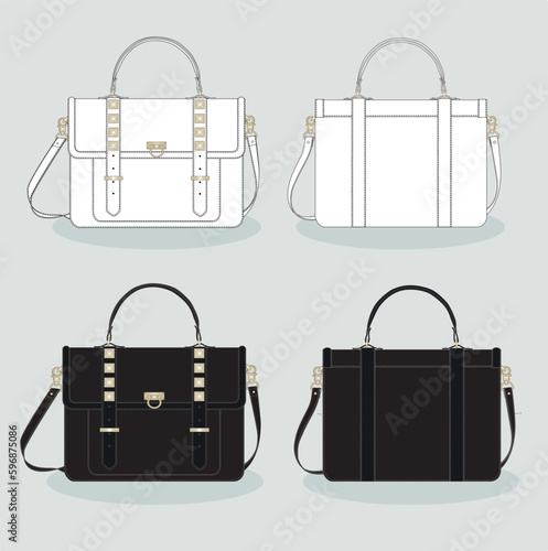 black and white technical sketch of a women's leather handbag. Color sketch template of women's bag.