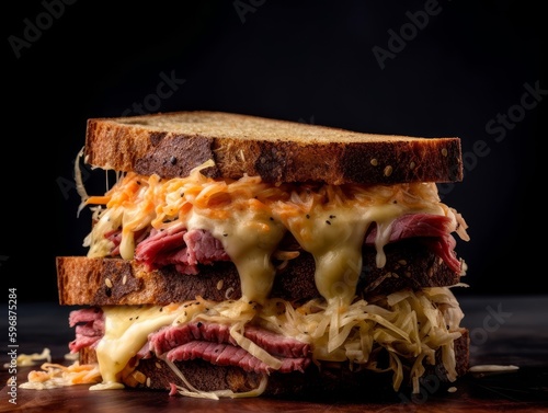 Reuben sandwich with melted cheese, sauerkraut and Russian dressing on rye bread