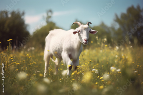 White goat grazes in a field with green grass and yellow dandelions on a sunny day. White horned goat walks on a green meadow in a farm. Generative AI
