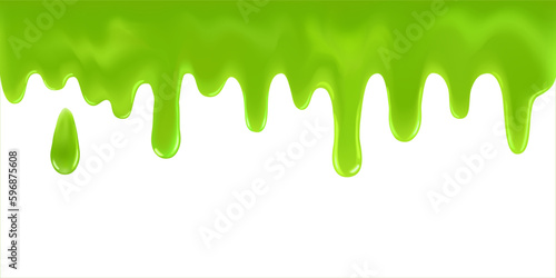 Flowing green sticky liquid. 3d realistic vector illustration. Green slime drop. Melted melted toxic liquid drips and flowing. Vector illustration isolated on white background photo