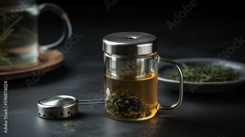 Glass tea infuser with metal strainer. AI generated photo