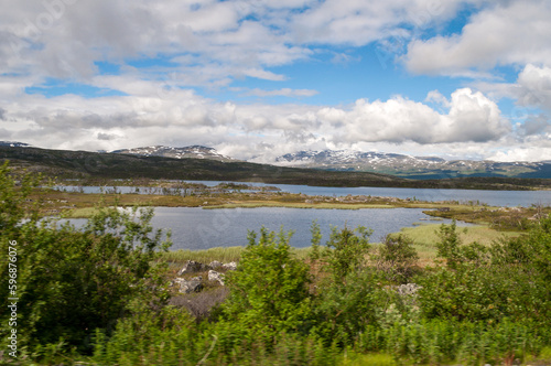 Lakes in Abisko National Park in northern Sweden. Landscape with mountains and hills.