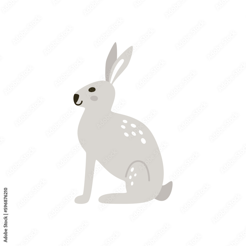 Cute cartoon isolated gray rabbits in Nordic style. Vector hand-drawn animals for nursery on red background. Cute cartoon isolated gray rabbits in Nordic style. Vector hand-drawn animals for nursery on red background.