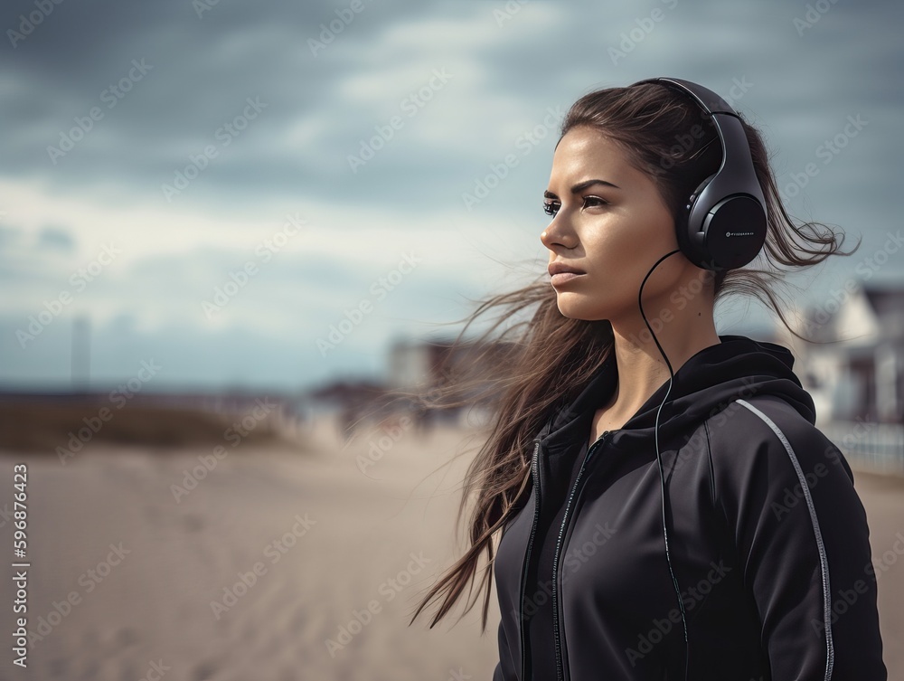 Junge Frau genießt ihr Fitness-Training am Strand mit guter Musik und glücklicher Stimmung, generative AI. Junge Frau genießt ihr Fitness-Training am Strand mit guter Musik und glücklicher Stimmung, generative AI.
