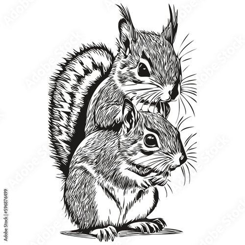 squirrel sketch, hand drawing of wildlife, vintage engraving style, vector illustration baby squirrel.