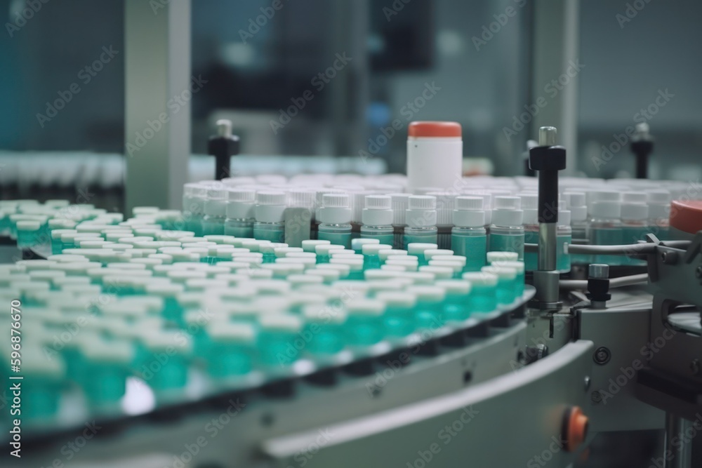 Obraz premium Close-up of the production of tablets for pharmaceuticals, the pharmaceutical or cosmetic industry, the production line of a medical or cosmetic factory.Generative AI