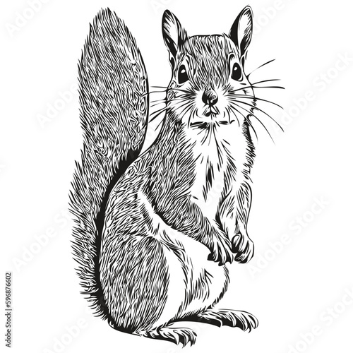 Black and white linear paint draw squirrel vector illustration baby squirrel.