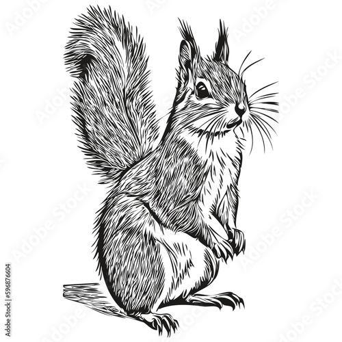 Black and white linear paint draw squirrel vector illustration baby squirrel.