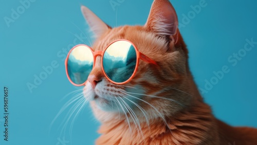 orange cat in sunglasses on top of blue background Generative AI