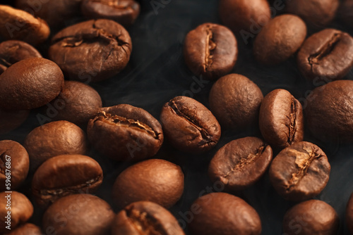 Coffee beans on a black background. Coffee on a black background with reflection