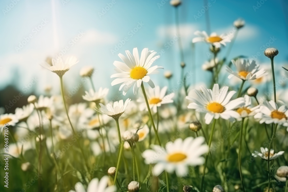 Beautiful blurred spring floral background nature with blooming glade of daisies and blue sky on sunny day.