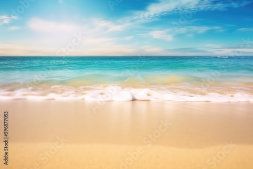 Abstract blur defocused background. Tropical summer beach with golden sand  turquoise ocean and blue sky with white clouds on bright sunny day. Colorful landscape for summer holidays