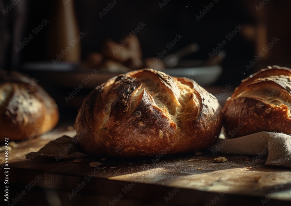 A Still Life of Freshly Baked Artisanal bread at bakery. Generative AI.
