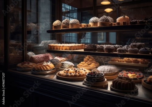 Sweet pastries and delicious cupcakes in a bakery. Generative AI.