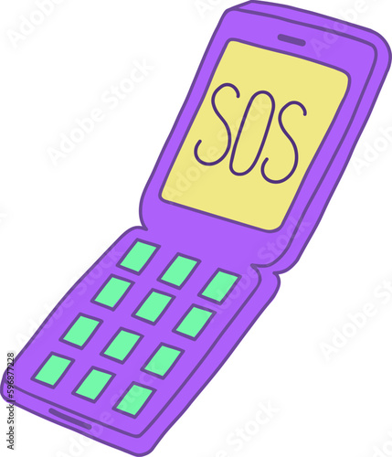 A cute retro clamshell phone in the aesthetics of retrowave. An SOS message. Vector nostalgic illustration in the concept of y2k, 00s, 90s. Retro flip phone isolated on a white background. Vector 