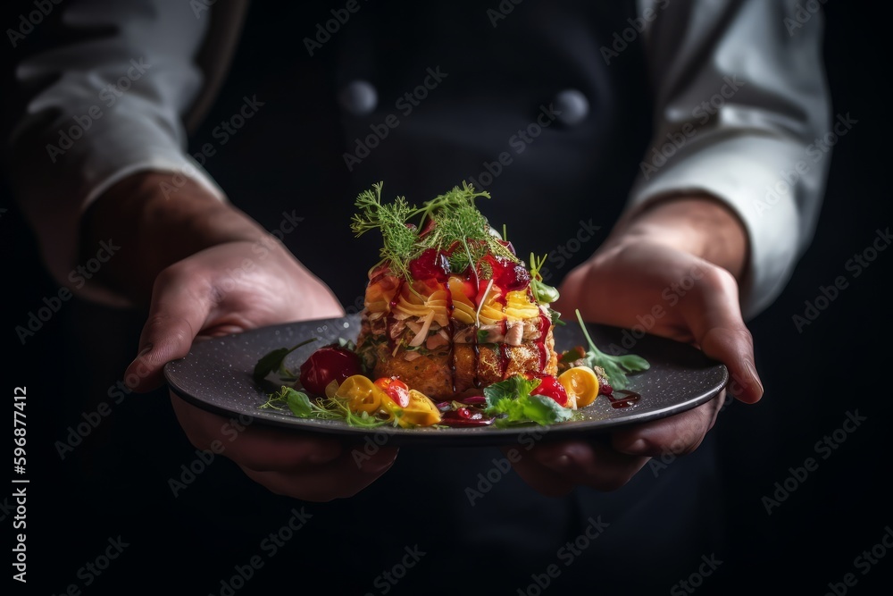 A chef holding a freshly prepared dish. Generative AI