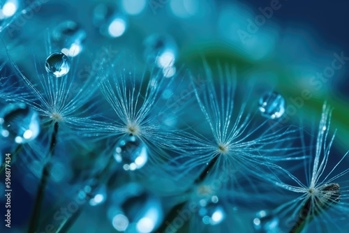 Dandelion Seeds in droplets of water on blue and turquoise beautiful background with soft focus in nature macro. Drops of dew sparkle on dandelion in rays of light.