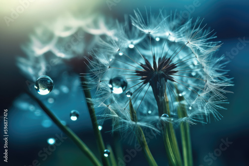 Dandelion Seeds in droplets of water on blue and turquoise beautiful background with soft focus in nature macro. Drops of dew sparkle on dandelion in rays of light.