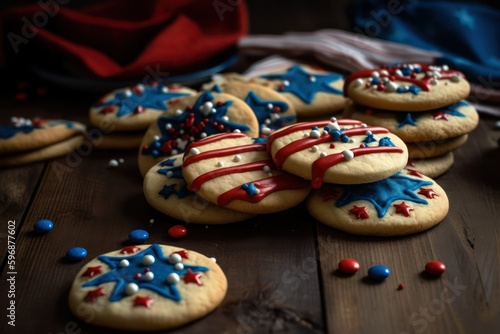 Happy USA Flag Day Homemade cookies with a pattern lies on a wooden table against the background of the American flag. 