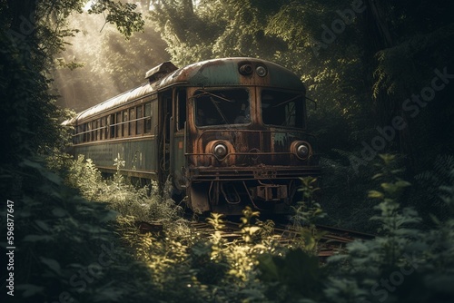Artistic interpretation of derelict train among trees. Generative AI © Elaria