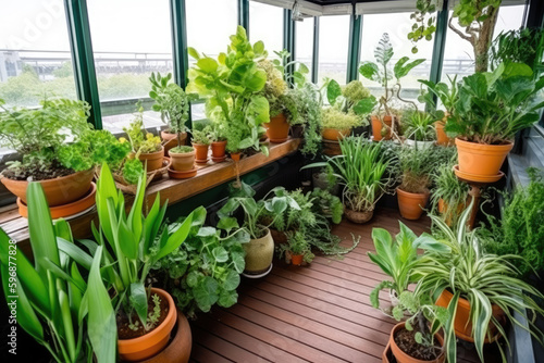 Lots of beautiful green lush indoor plants on the terrace. Decoration and landscaping of the terrace