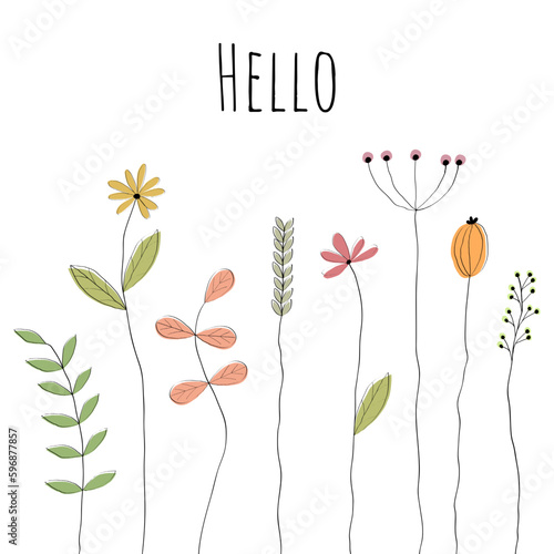 Hello - Schriftzug in englischer Sprache - Hallo. Grußkarte mit liebevoll gezeichneten Blumen.