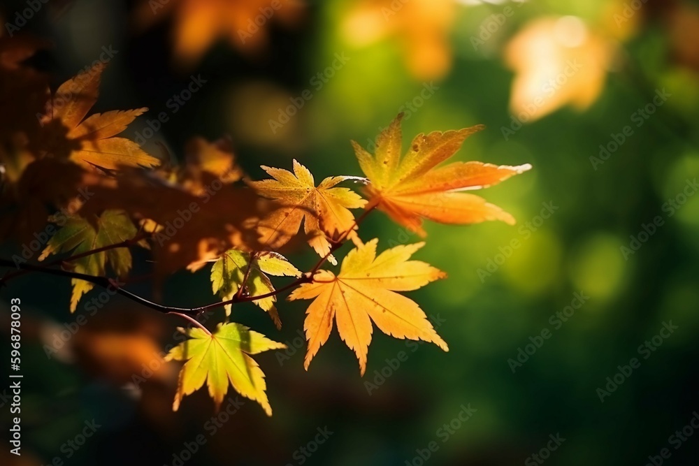 Natural autumn background with golden yellow and orange maple leaves glowing in the sun on a gentle blurry light green background. AI generative Natural autumn background with golden yellow and orange maple leaves glowing in the sun on a gentle blurry light green background. AI generative