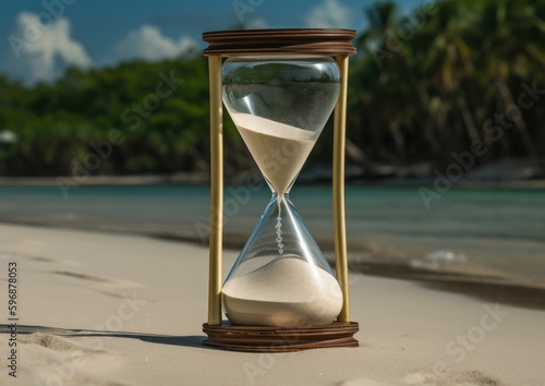 An Hourglass on the Beach at Dusk Concept for passing of time and mindfulness. Generative AI.