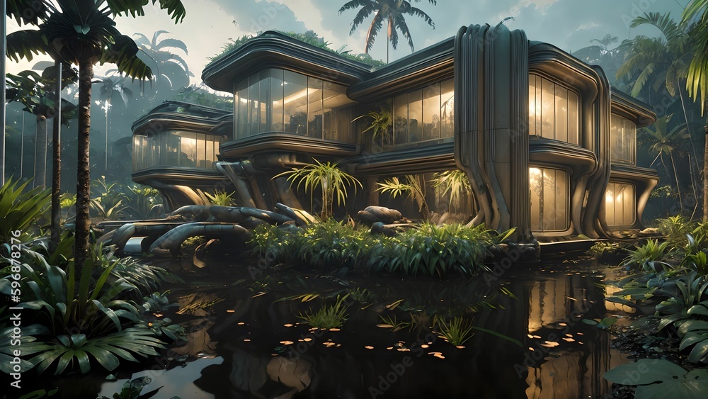 Illustration of a sci-fi futuristic cyberpunk house in the jungle by the swamp - Generative AI