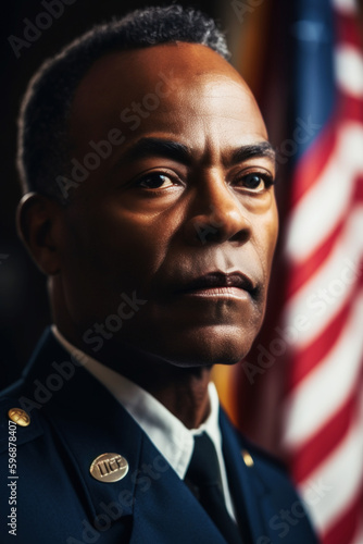 A 40-year-old Afro American soldier poses proudly in front of the American flag. His military attire and solemn expression speak volumes of his dedication to serving his country. Generative AI