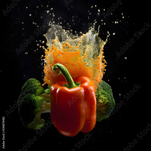 Splash of fresh vegetables on black background. Healthy food concept.