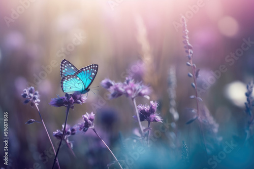 Wild light blue flowers in field and two fluttering butterfly on nature outdoors, close-up macro. Magic artistic image. Toned in blue and purple tone © Kateryna