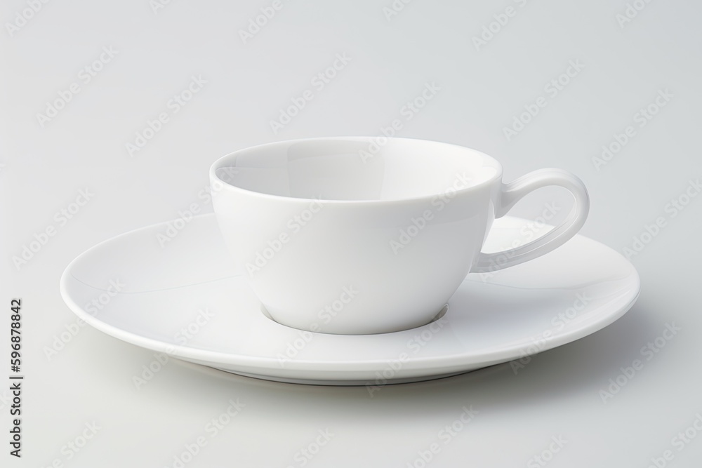 minimalistic white cup and saucer on a plain white table. Generative AI minimalistic white cup and saucer on a plain white table. Generative AI