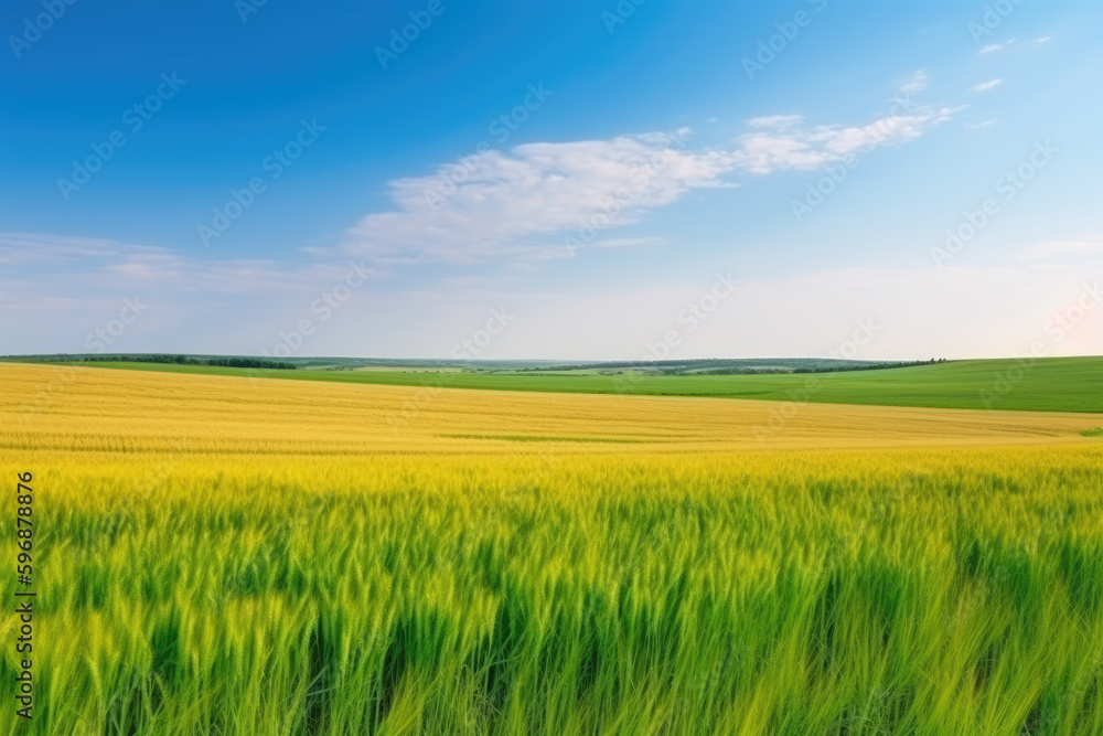 Natural landscape with green grass, field of Golden ripe wheat and blue sky with horizon line. Colorful summer panorama of combination of yellow and green fields