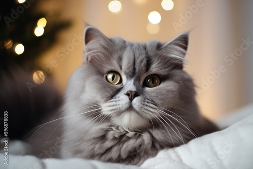 A cute gray fluffy young cat lies on a soft plaid near the window and looks attentively. Festive lights in the background
