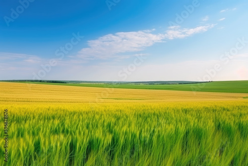 Natural landscape with green grass  field of Golden ripe wheat and blue sky with horizon line. Colorful summer panorama of combination of yellow and green fields