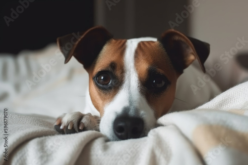 A cute dog lies and looks attentively at the blanket in the living room © Kateryna