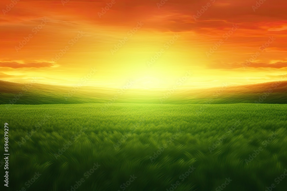serene green field with a stunning sunset in the background. Generative AI