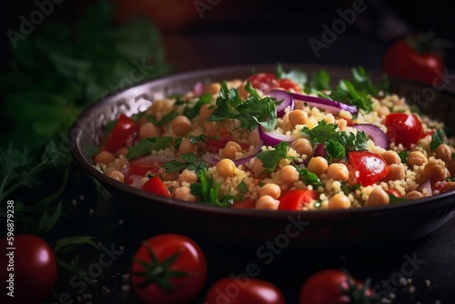 couscous salad with chickpeas, red onions, cherry tomatoes, and fresh herbs
