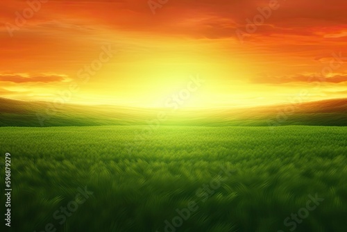 serene green field with a stunning sunset in the background. Generative AI
