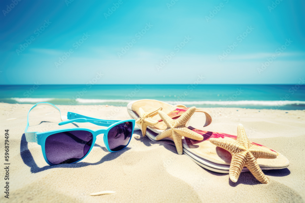 Beautiful colorful background for summer beach holiday. Sunglasses, starfish, turquoise flip-flops on sandy tropical beach against blue sky with clouds on bright sunny day