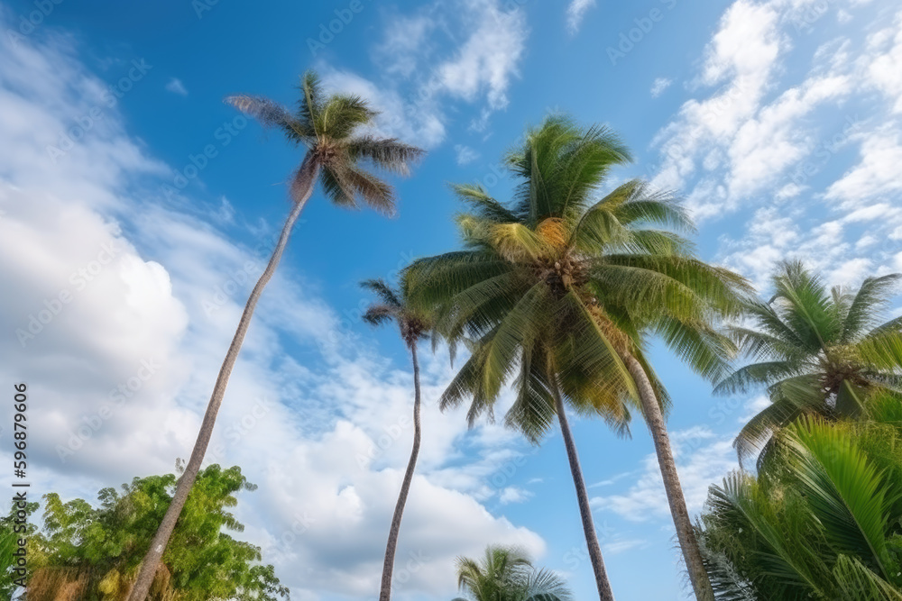 Beautiful natural tropical background with palm trees against a blue sky with clouds Beautiful natural tropical background with palm trees against a blue sky with clouds