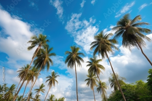 Beautiful natural tropical background with palm trees against a blue sky with clouds © Kateryna