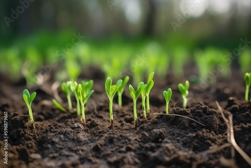 Young green sprouts in the ground in a spring field