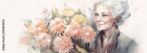 Gray-haired woman with a bouquet of flowers. concept of Family Day and Mother's Day