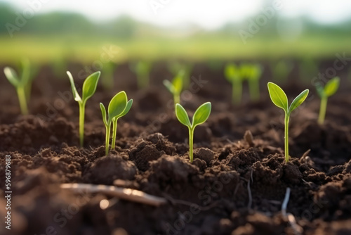 Young green sprouts in the ground in a spring field