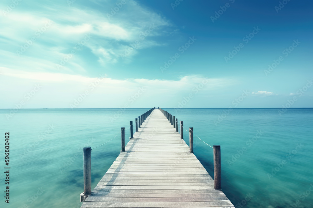 Obraz premium Beautiful landscape with bridge to pier. Color fusion of ocean and sky. Light ripples on amazingly clear water. Perspective receding into distance. Image fine vacation on summer. Relax and rest